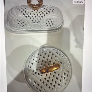 Porcelain Treasures White and Gold Butter Dish and Cheese Dish